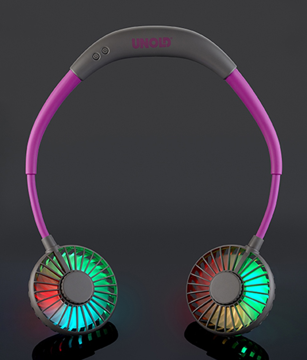 Wentylator na szyję z różową opaską i wentylatorami świecącymi na czerwono, zielono i niebiesko.