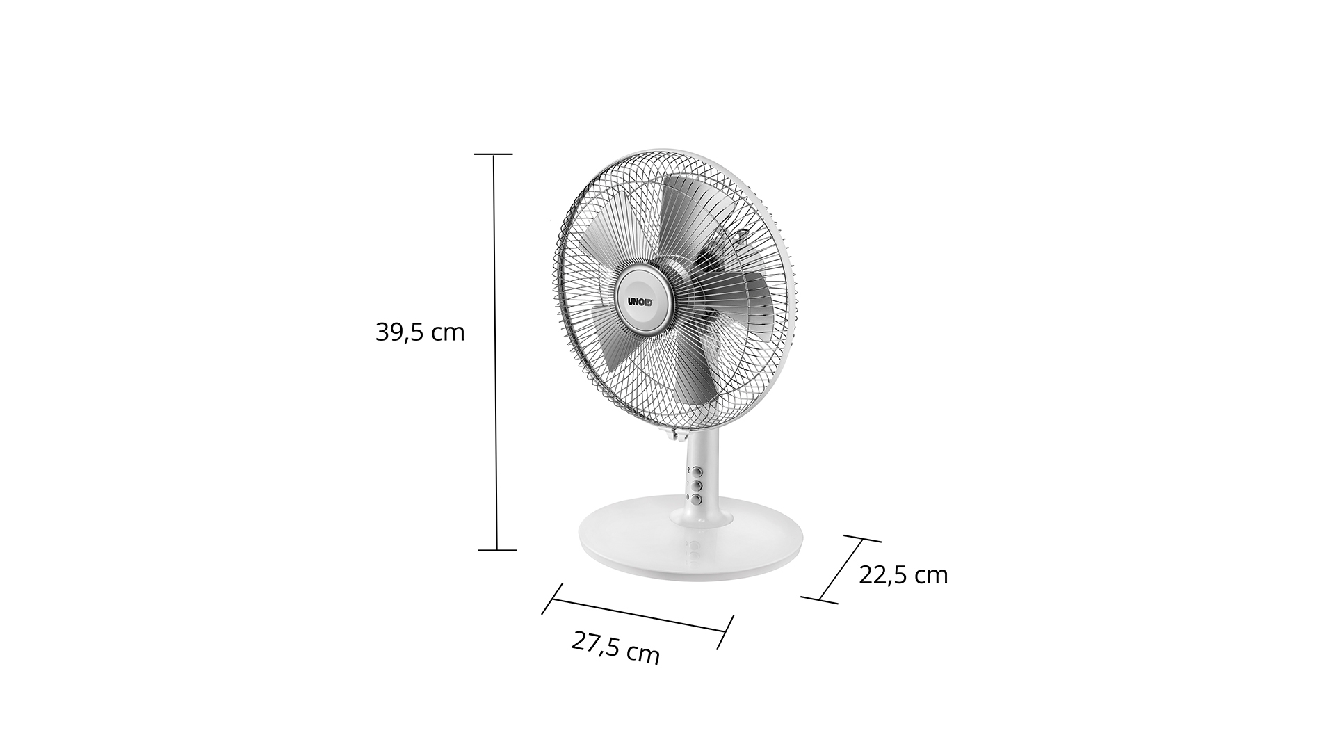 Ein weißer Tischventilator mit Metallgittern, 39,5 cm hoch.