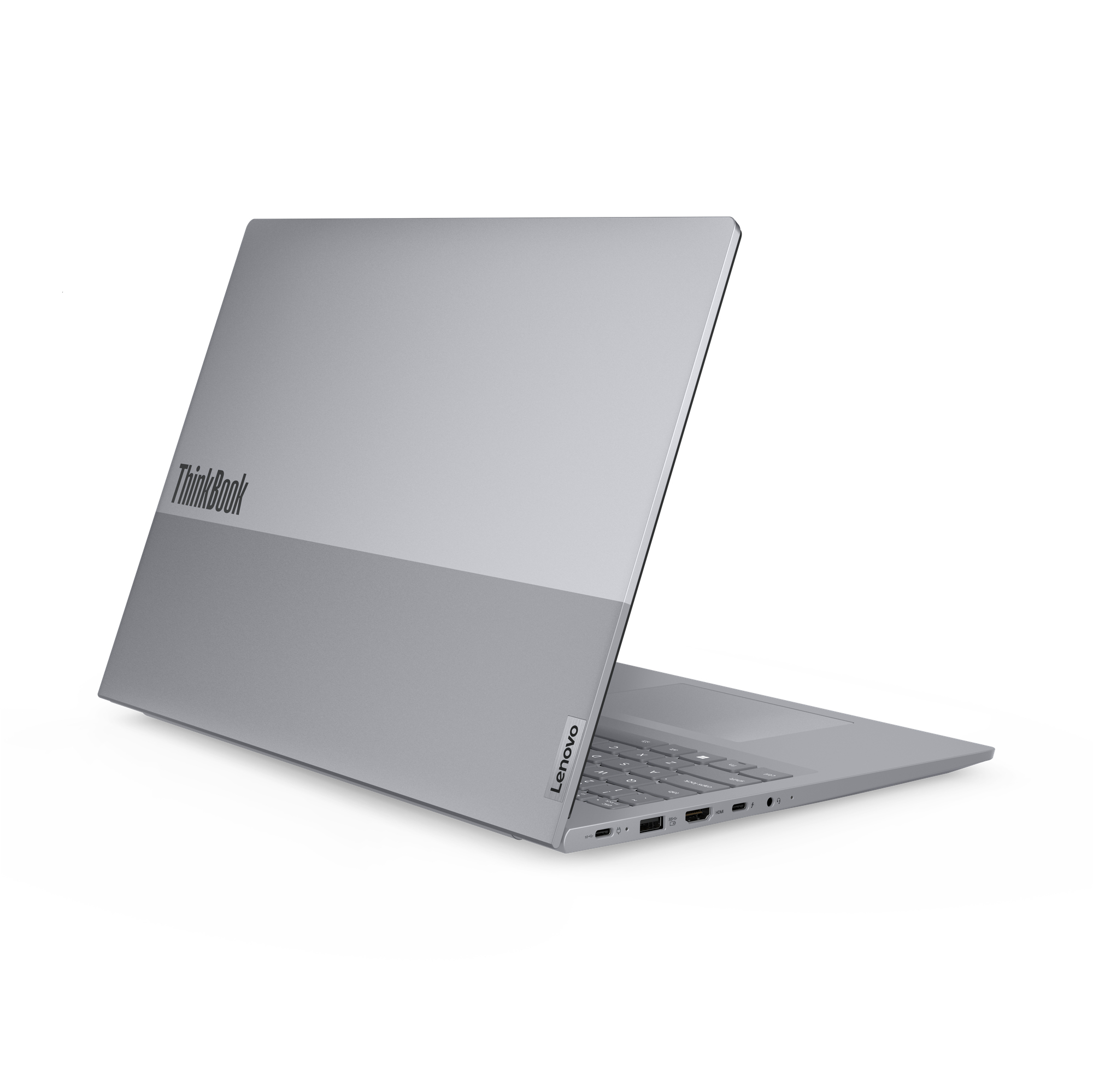 A sleek, silver ThinkBook laptop with its lid open against a white background.