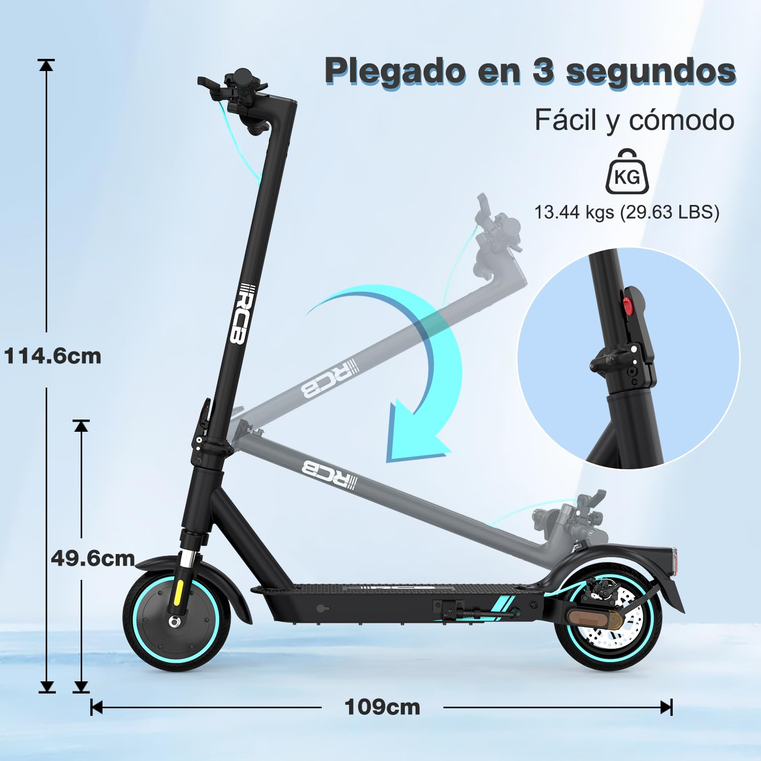 Czarna hulajnoga elektryczna, składana, wysokość 114,6 cm, długość 109 cm.
