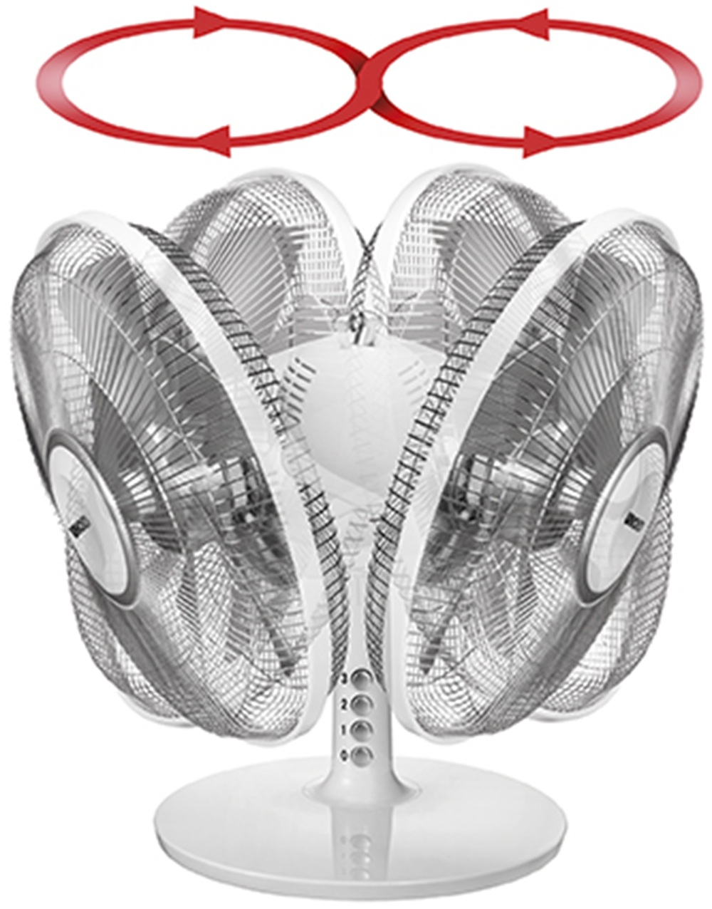 Doppelventilator mit roten Pfeilen, die Luftzirkulation zeigen.