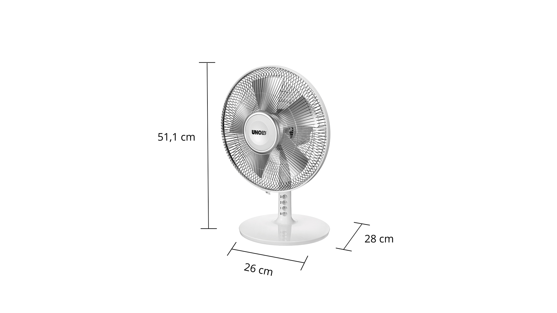 Weißer Tischventilator mit silbernem Gitter, H:51,1cm, B:26cm, T:28cm.