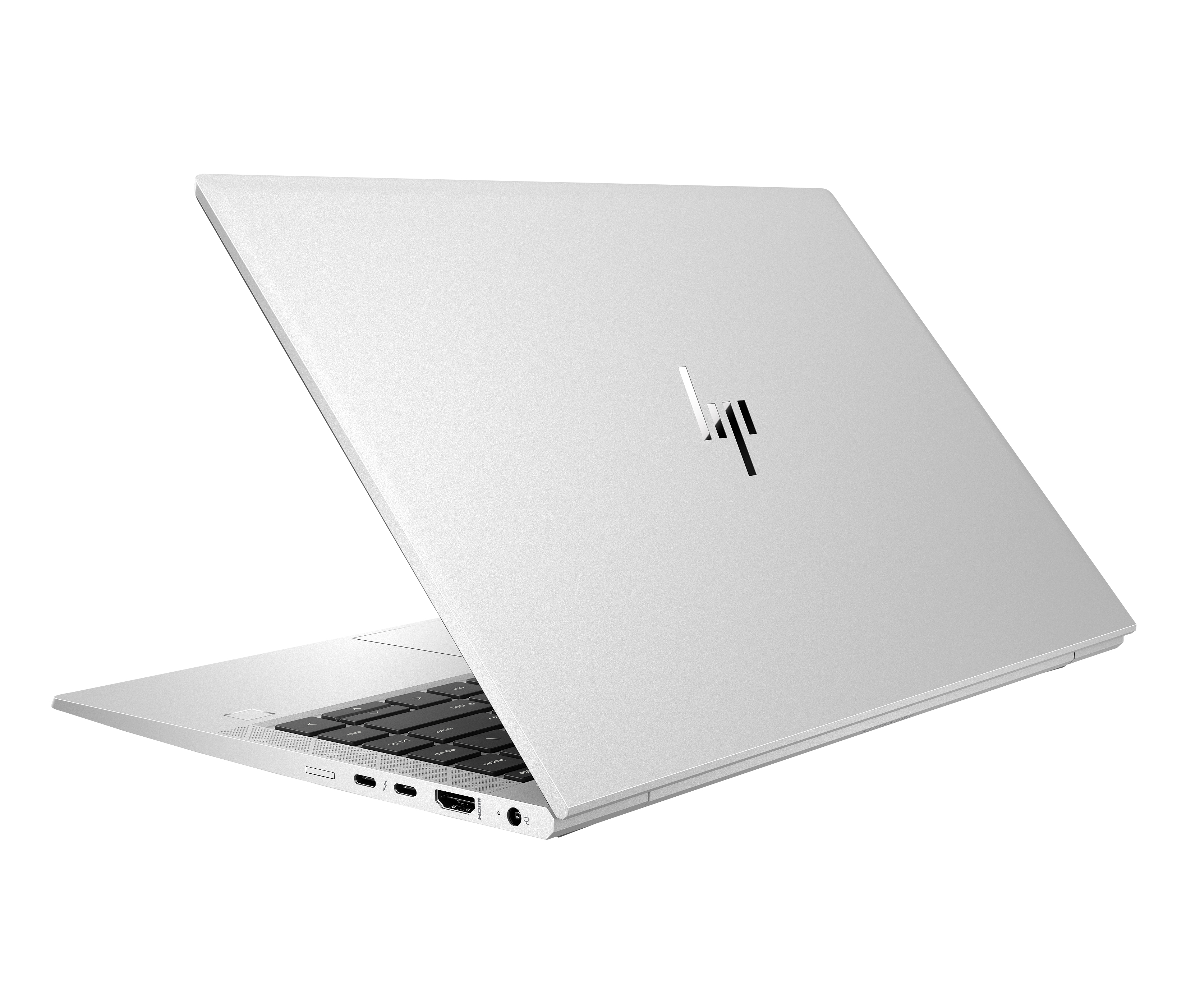 Een zilveren HP laptop met open deksel, op een witte achtergrond.