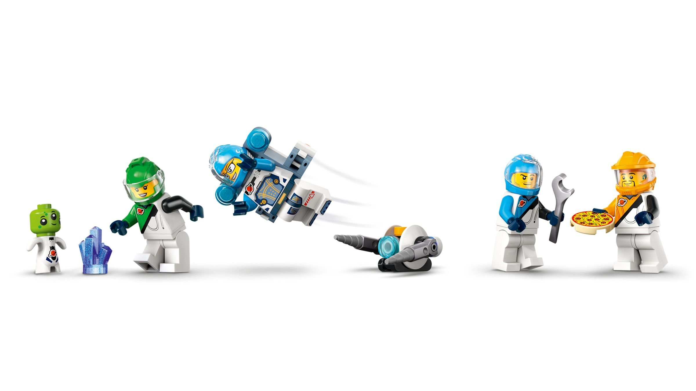 Astronauci Lego z pojazdem kosmicznym, obcym, kryształami, narzędziem i pizzą.
