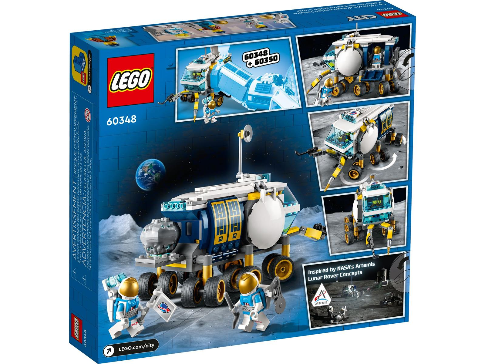 LEGO Mondfahrzeug-Set mit Astronauten auf dem Mond. Enthält einen großen Rover und eine Erdansicht.