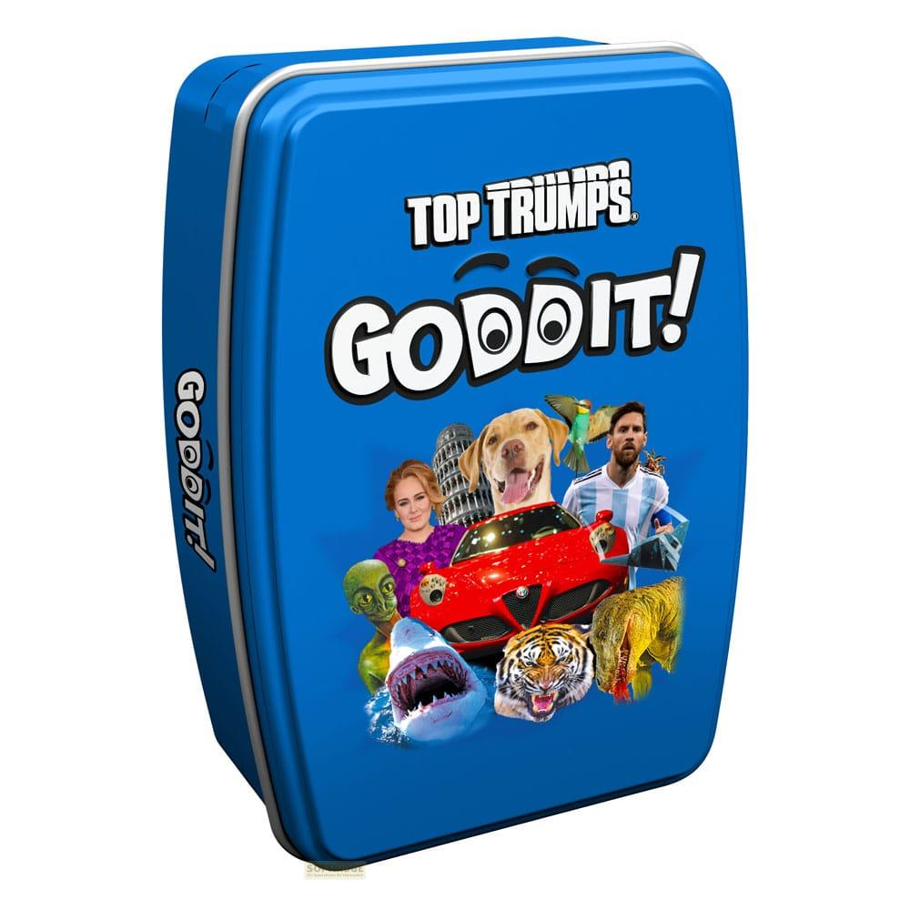 Barattolo blu Top Trumps "Goddit!" con Adele, Lionel Messi, cani, squali e tigri.