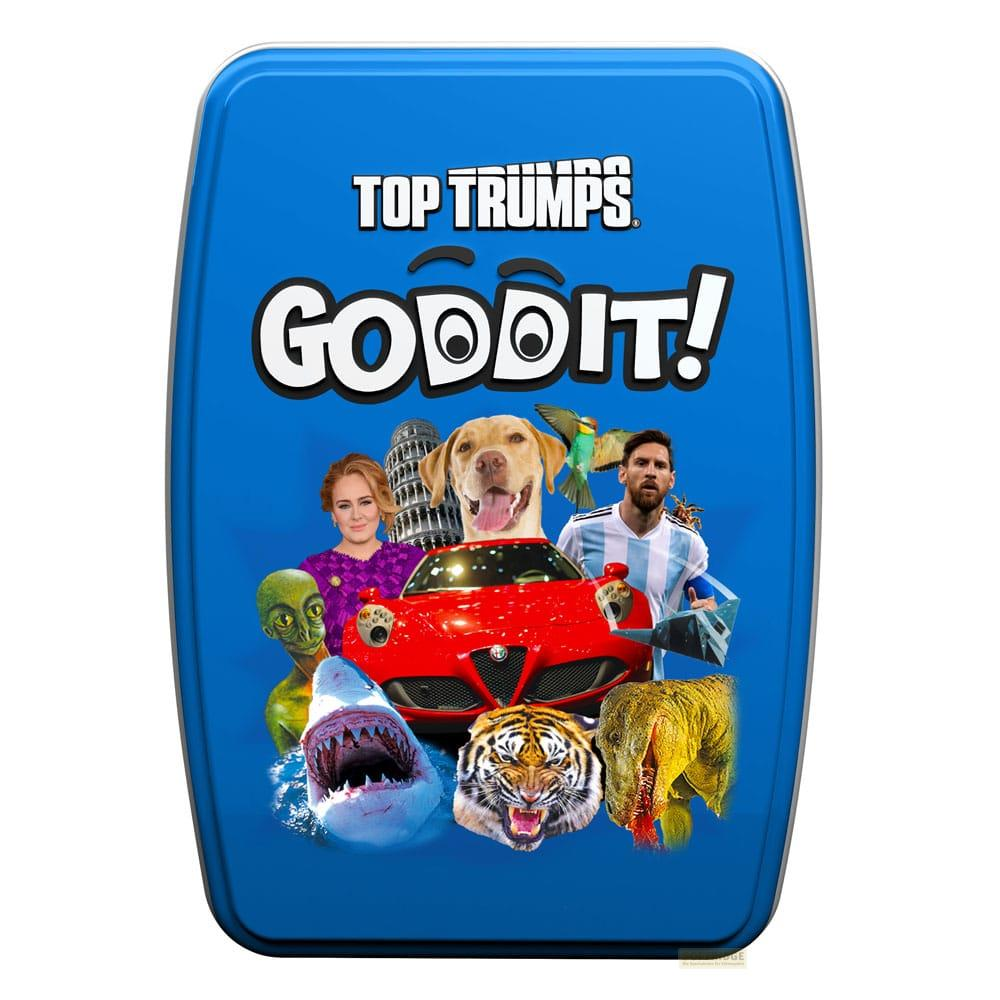 Scatola Top Trumps 'GooDdit!': cane, Messi, Adele, Pisa, alieno, squalo, tigre, auto, uccello, dinosauro.