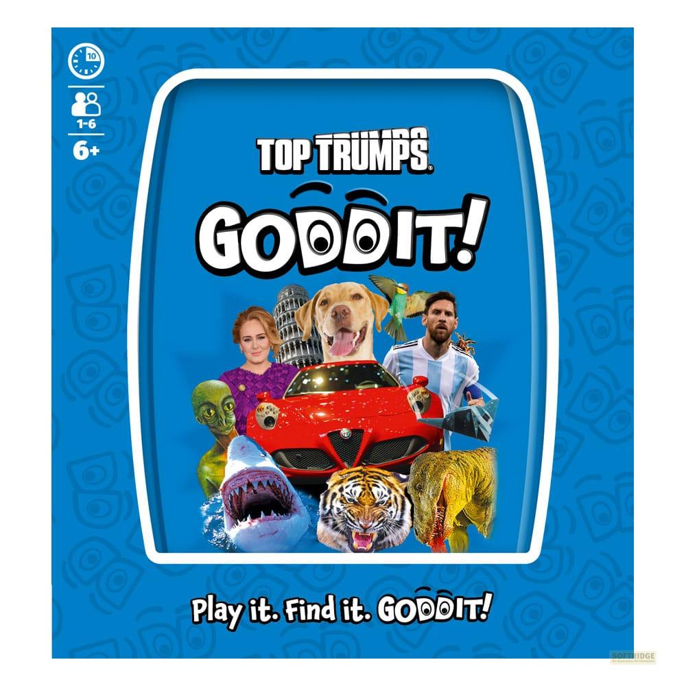 Copertina gioco Top Trumps GODDIT! con Adele, Messi, cane, squalo, tigre e dinosauro.