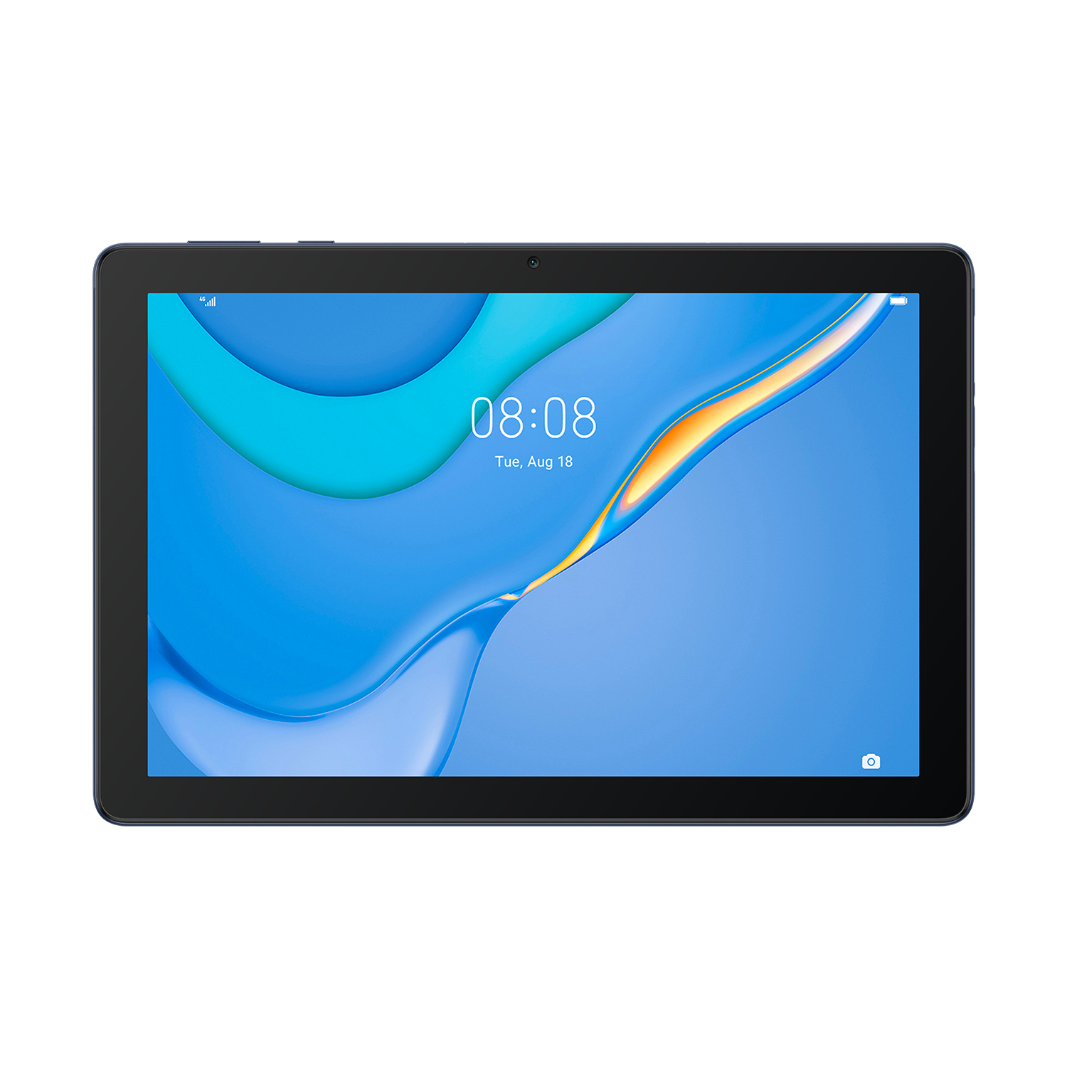 Ein dunkles Tablet mit blauem Hintergrundbild und der Uhrzeit 08:08.