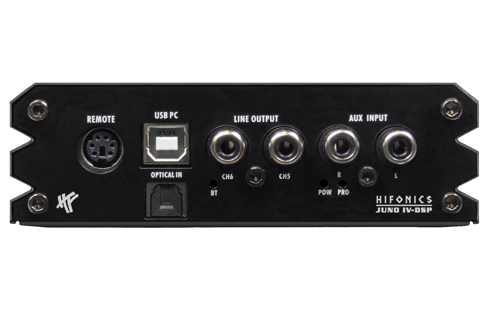 Rückseite eines schwarzen Hifonics Juno IV-DSP mit Anschlüssen.