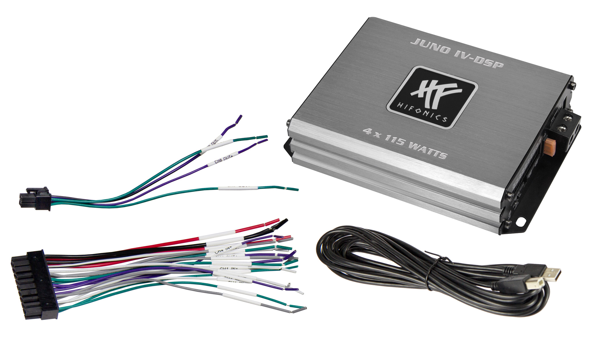 Ein Hifonics Juno IV-DSP Verstärker mit Kabeln und einem USB-Kabel auf weißem Hintergrund.