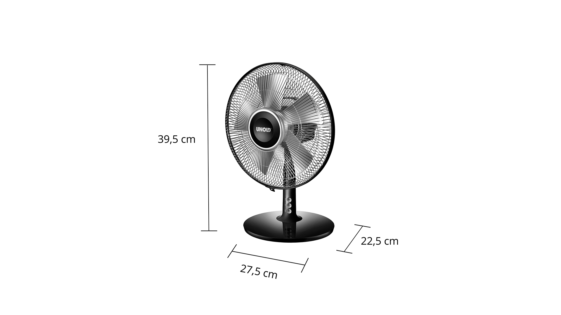 Ein schwarzer Tischventilator mit Metallgitter und Logo.