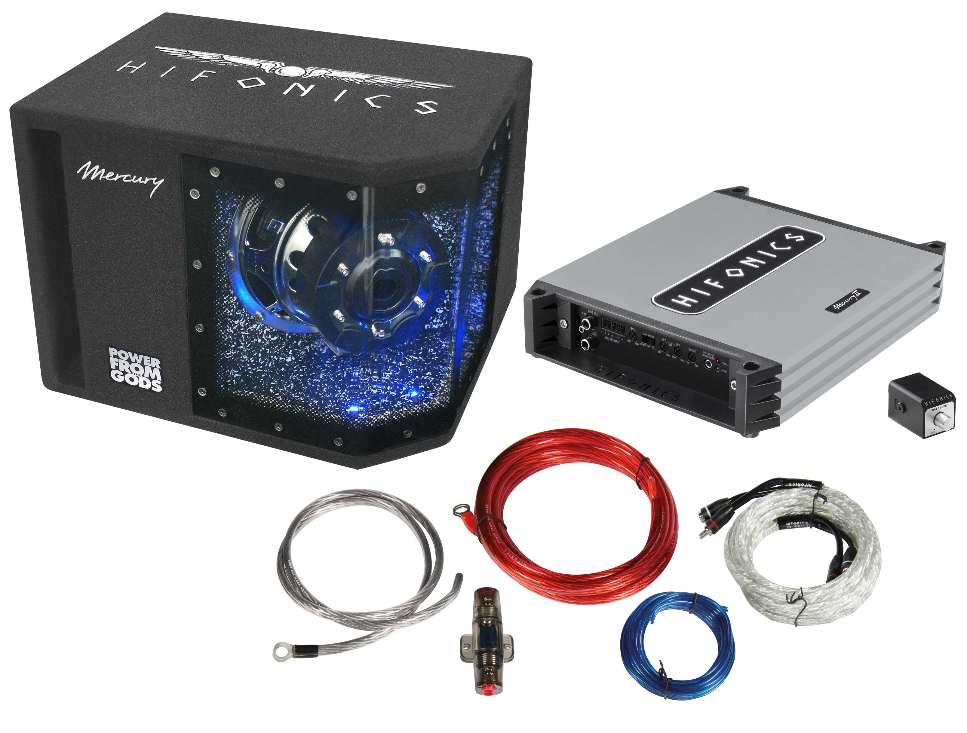 Ein Subwoofer, Verstärker und Kabel mit blauer Beleuchtung.