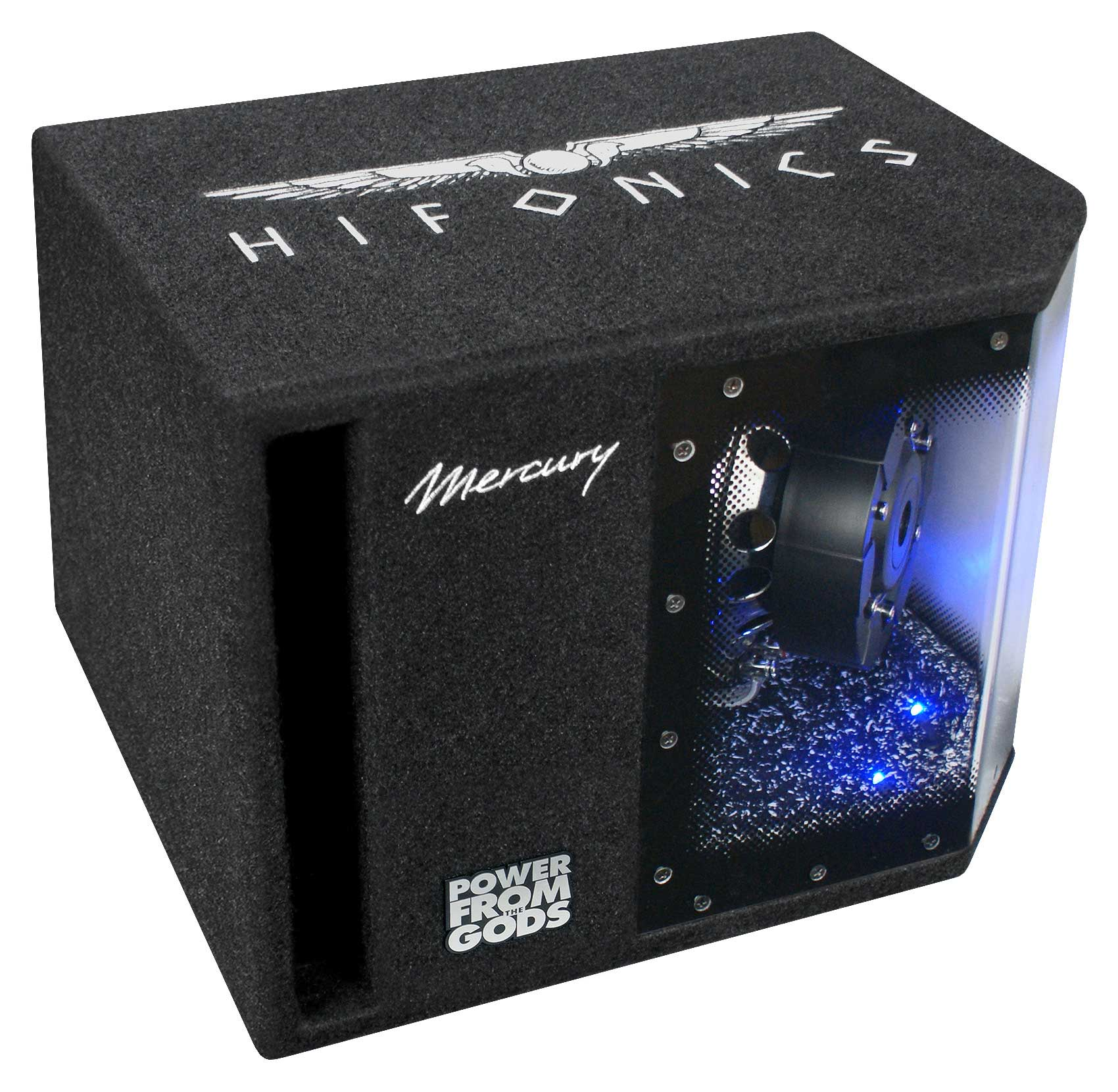 Ein schwarzer Subwoofer mit Hifonics-Logo und blauer Beleuchtung.