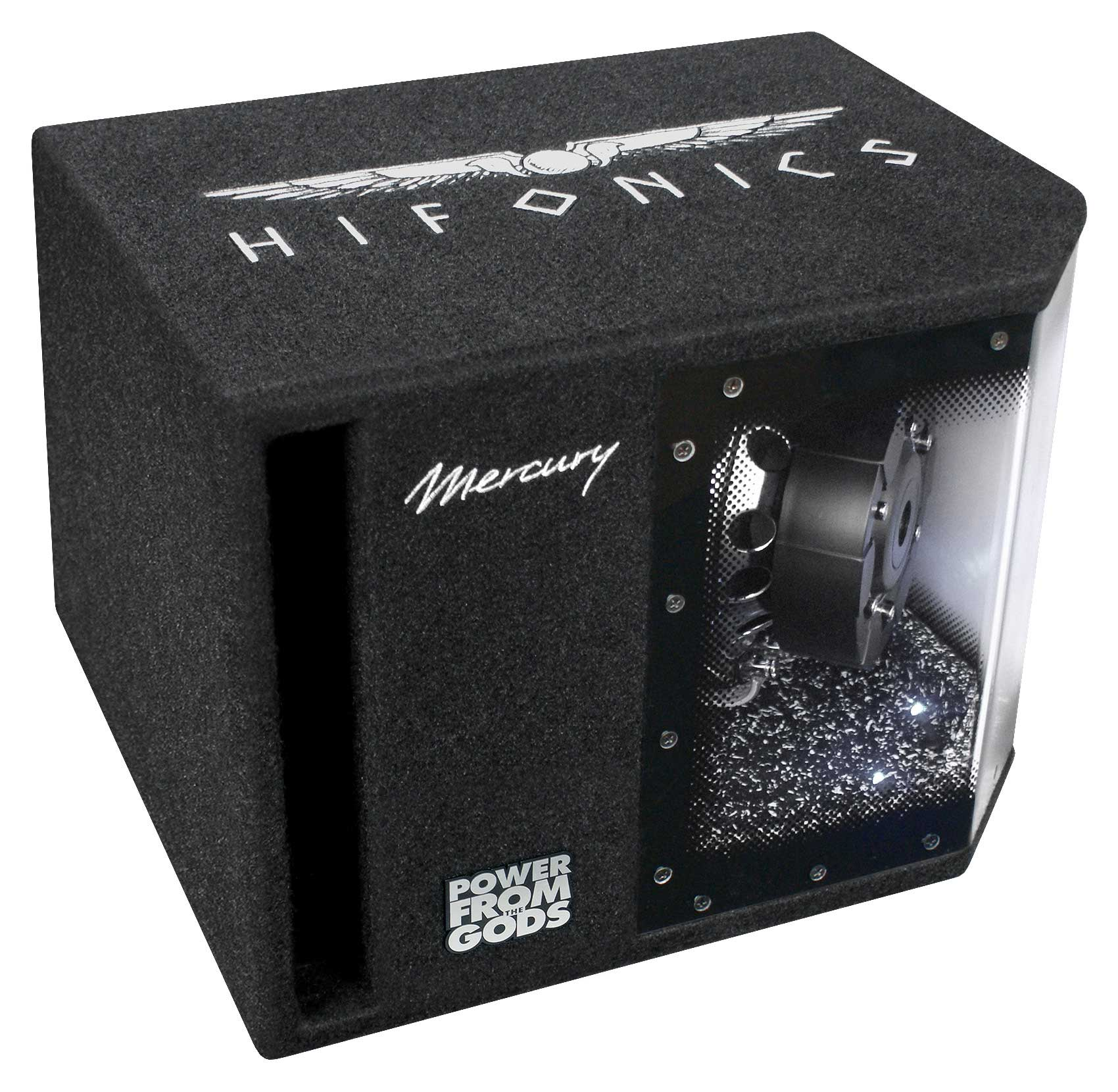 Schwarzer Subwoofer mit Hifonics-Logo und leuchtenden Lichtern im Inneren.