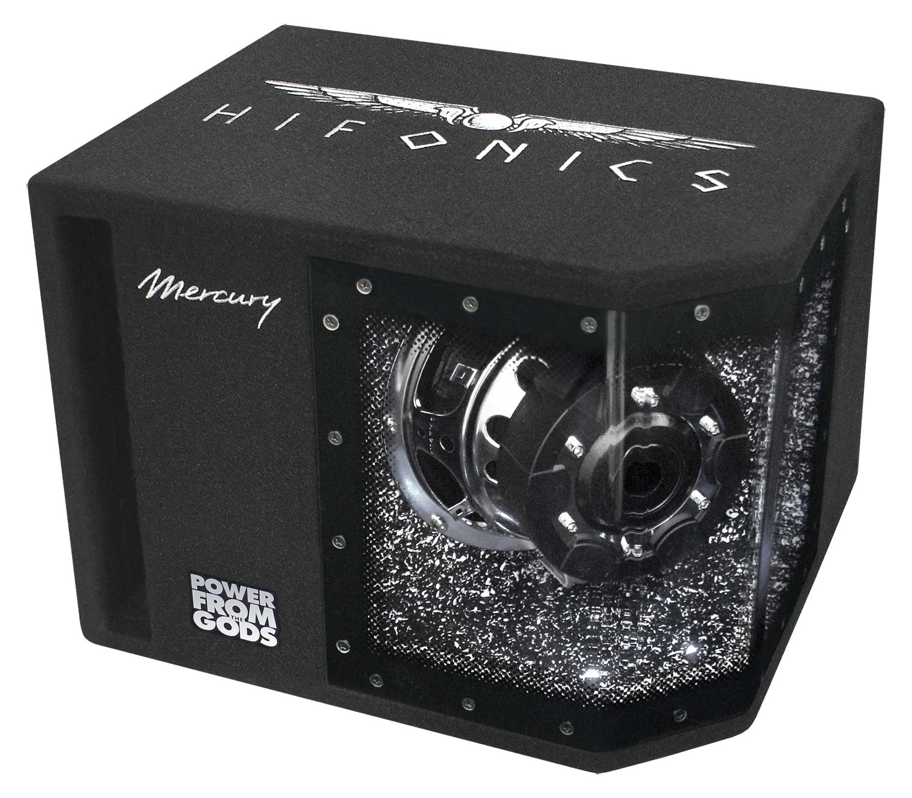 Schwarzer Hifonics Subwoofer mit silbernem Logo und "Mercury"-Schriftzug.