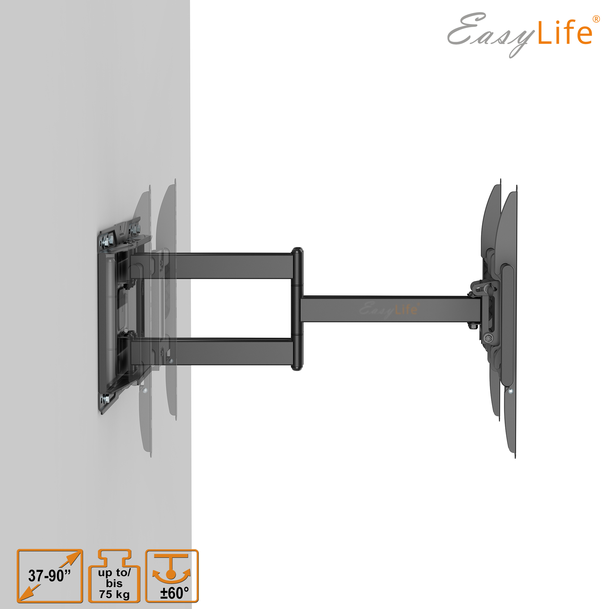 Ein schwenkbarer Wandhalter für TVs von 37-90 Zoll, bis 75 kg, mit ±60° Drehung.