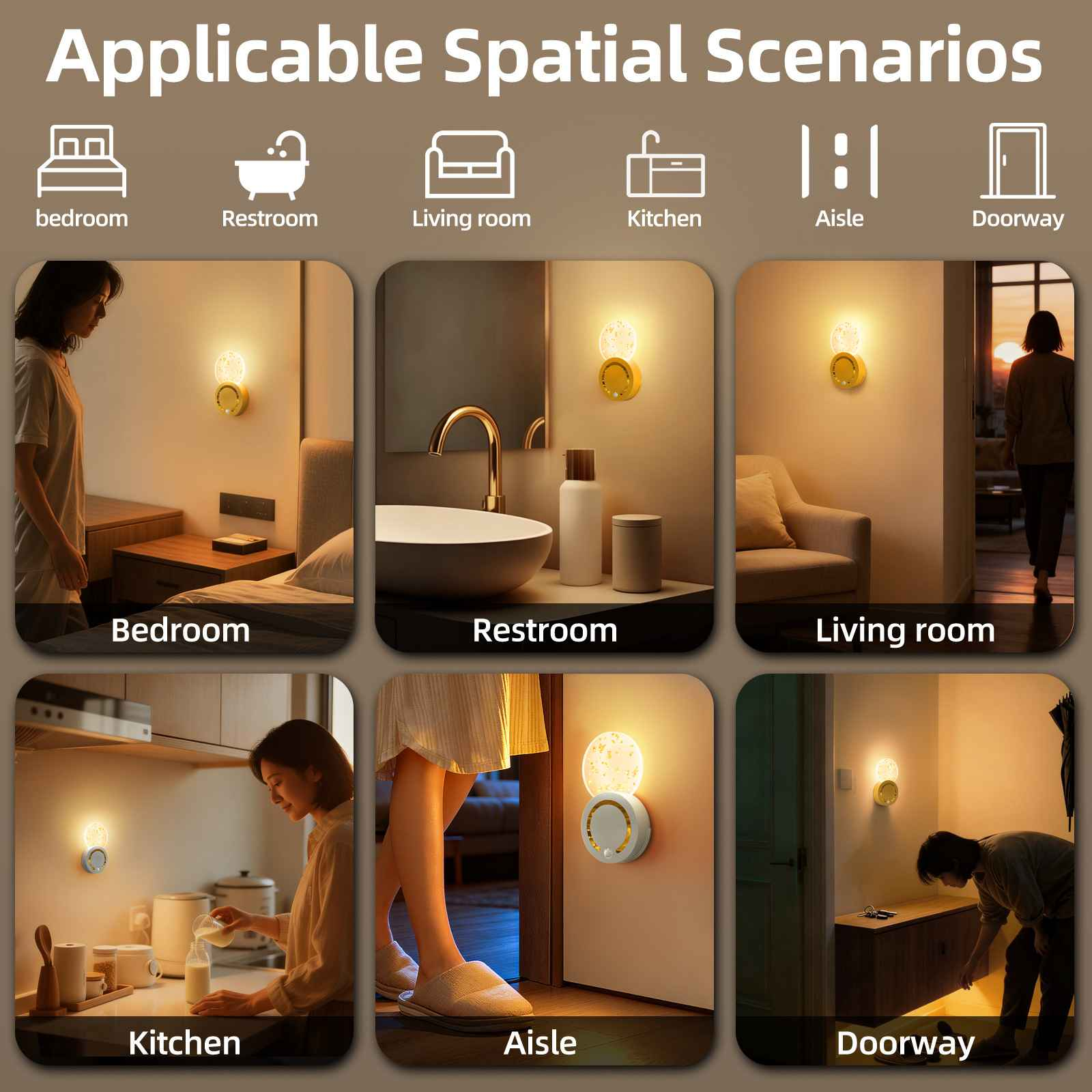 Sechs Szenarien: Schlafzimmer, Bad, Wohnzimmer, Küche, Flur, Eingang.