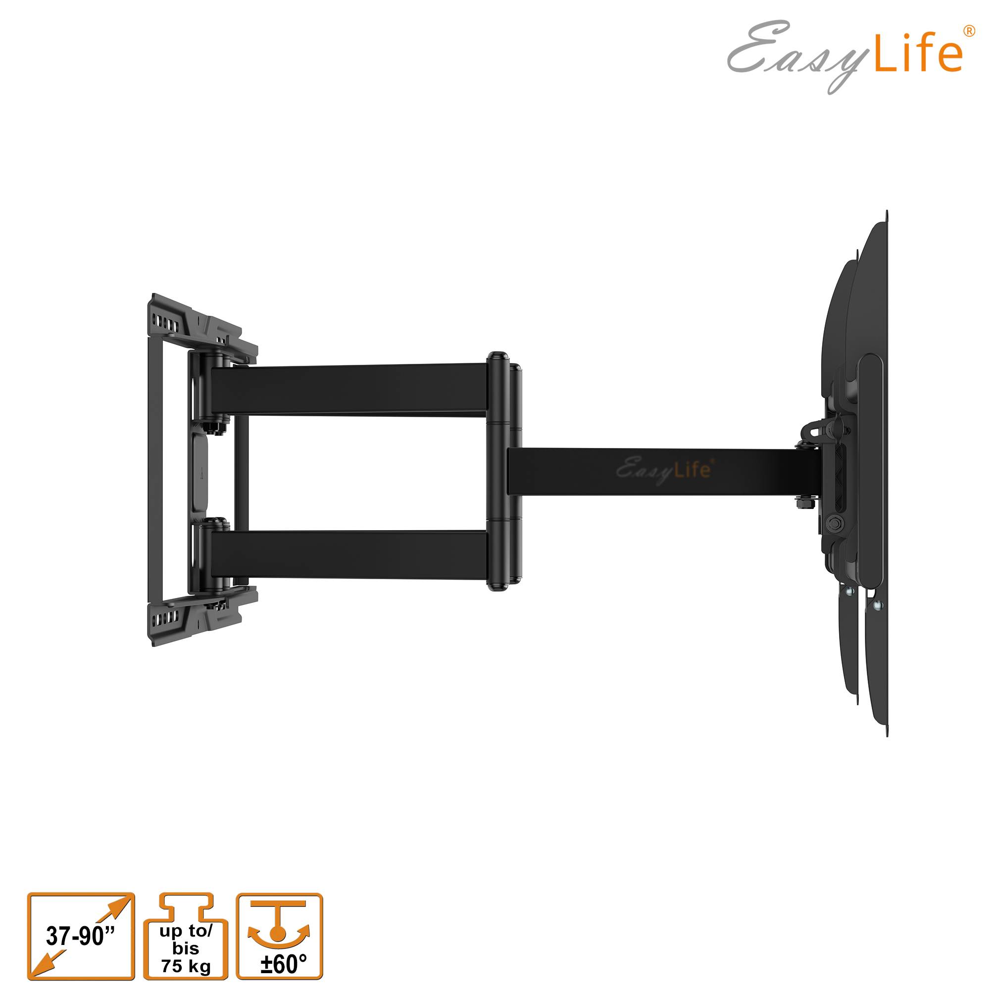 Schwarze TV-Wandhalterung mit Gelenkarm für 37-90 Zoll Bildschirme, bis 75 kg, ±60° schwenkbar.