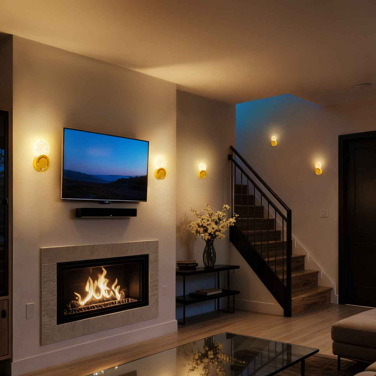 Ein Wohnzimmer mit Kamin, Fernseher und Treppe, beleuchtet von Wandlampen.