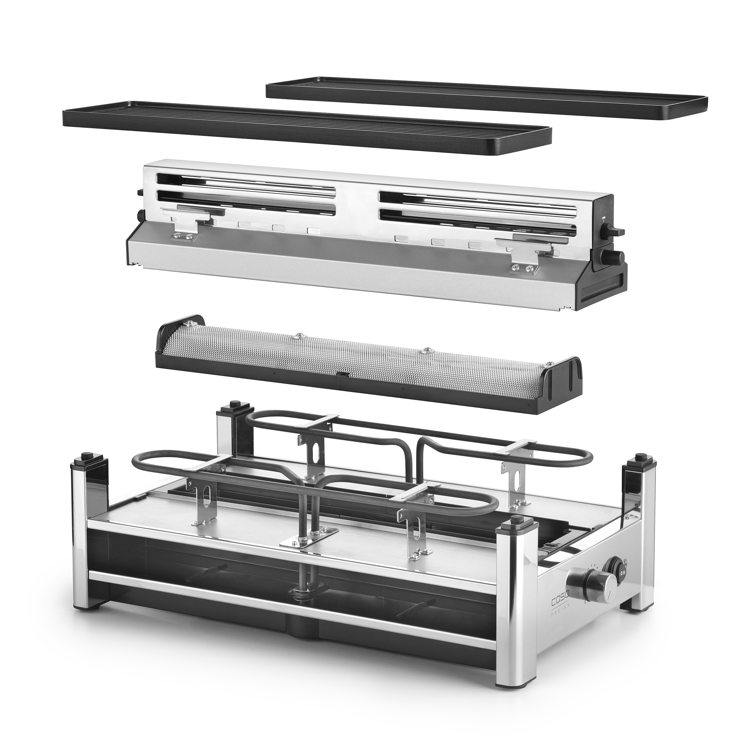 Zerlegter Kontaktgrill aus Edelstahl mit zwei schwarzen Grillplatten, Heizspiralen und Metallgittern.