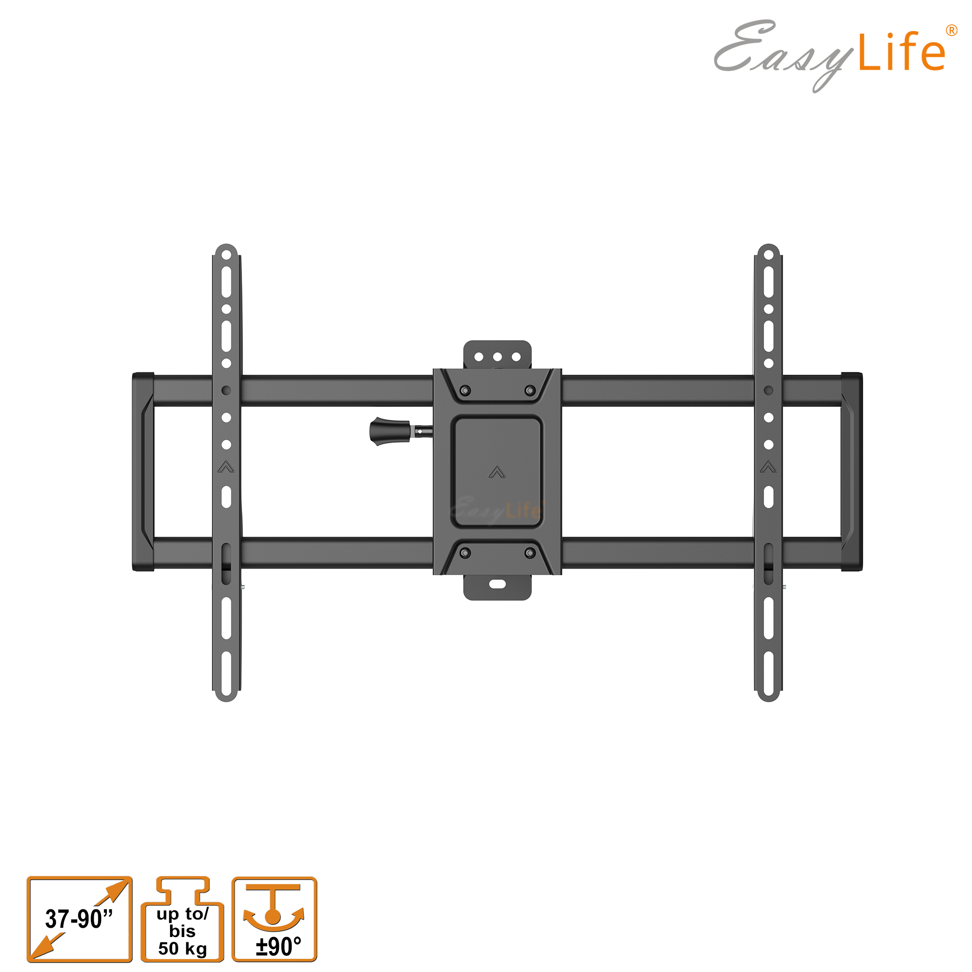 Schwarze TV-Wandhalterung für 37-90 Zoll Bildschirme, bis 50 kg, +/-90° schwenkbar.