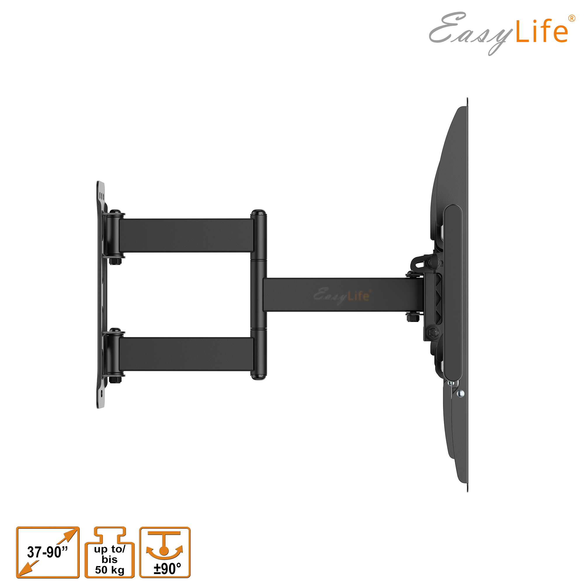 Schwarzer schwenkbarer TV-Wandhalter für 37-90 Zoll Bildschirme bis 50 kg.
