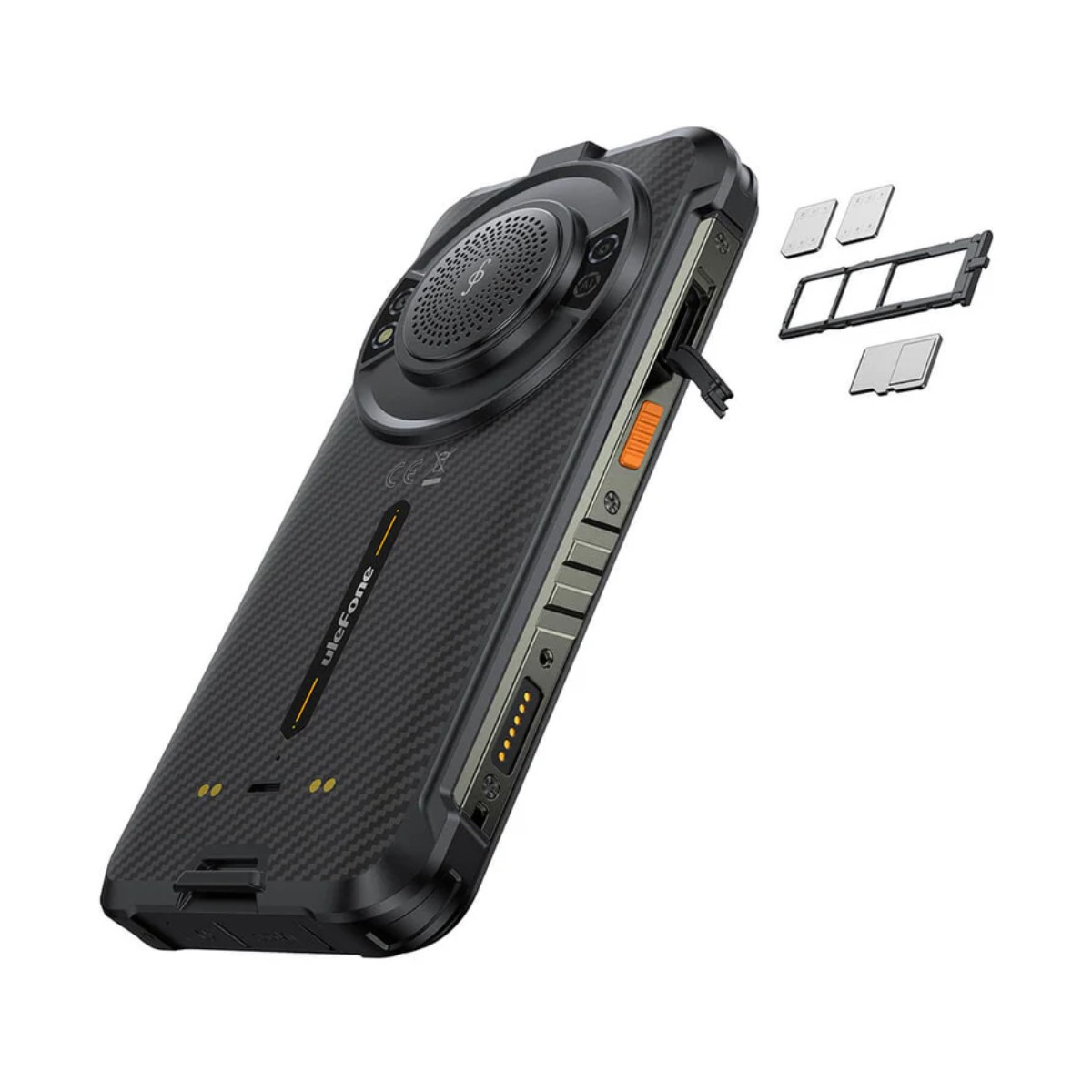 Wytrzymały smartfon z dużym głośnikiem, tacą SIM i portami ładowania.