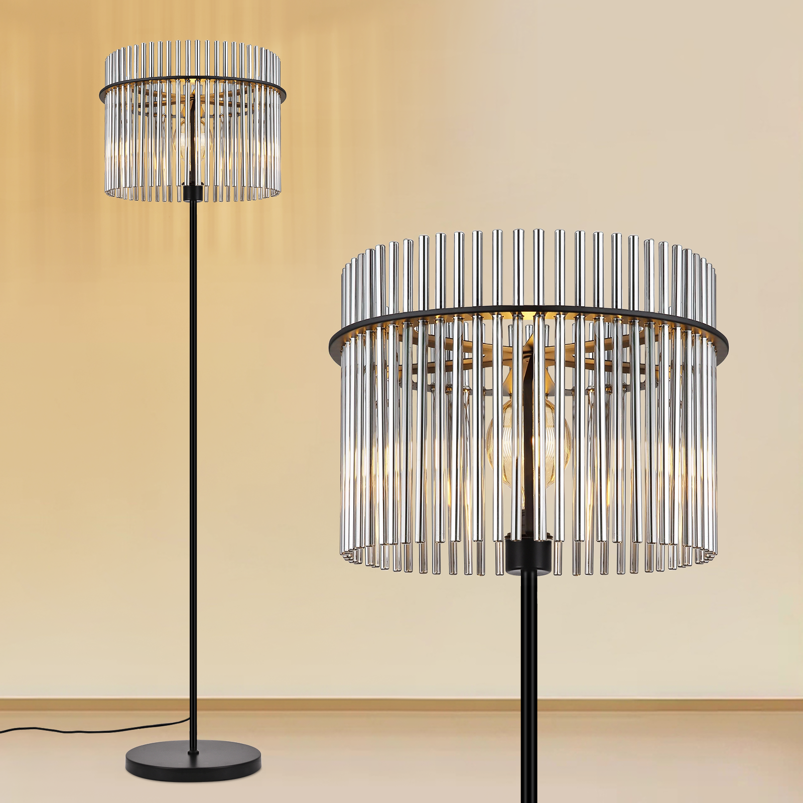 Nowoczesna lampa podłogowa z cylindrycznym kloszem z szklanych prętów.