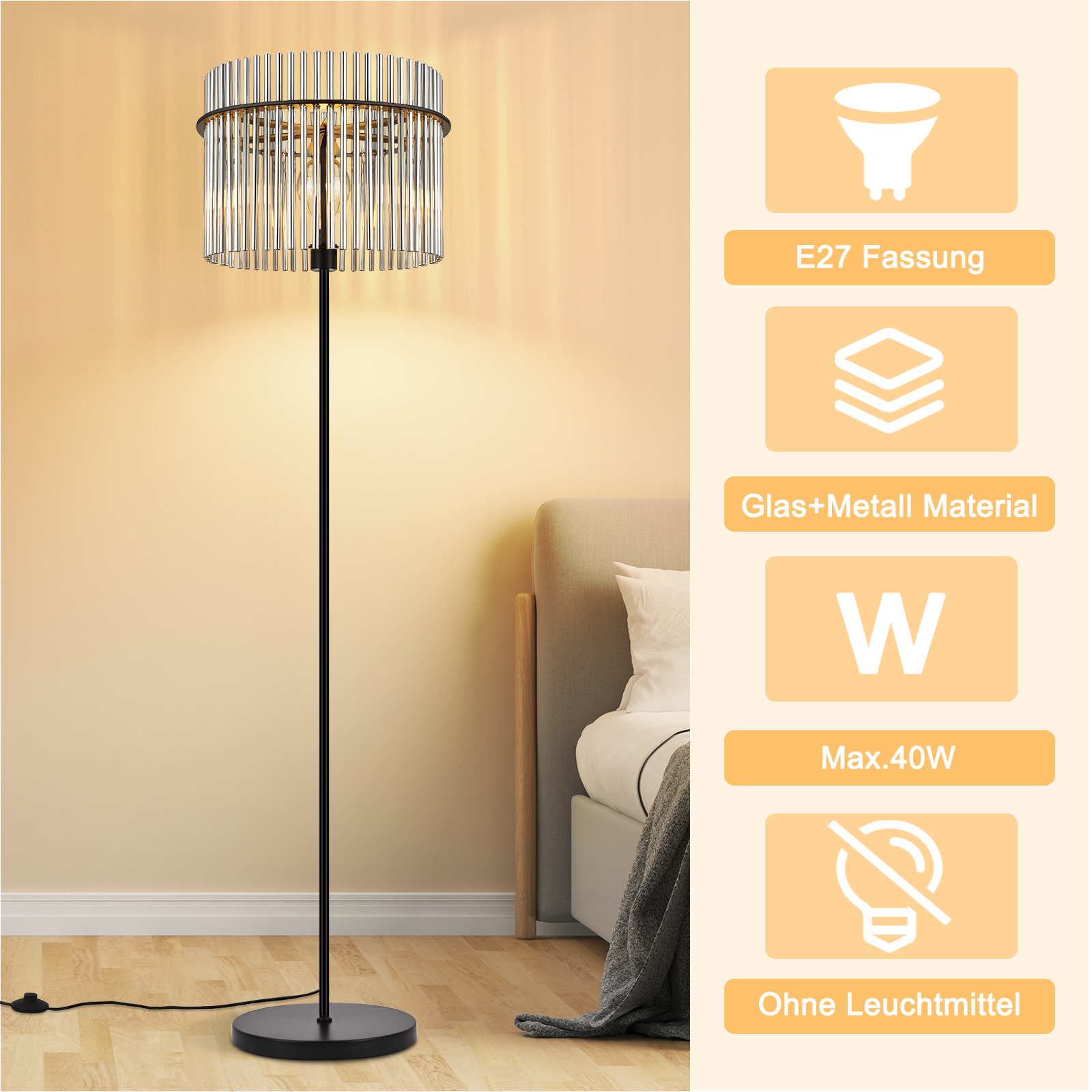 Nowoczesna lampa podłogowa z kloszem z szklanego cylindra stoi obok łóżka.