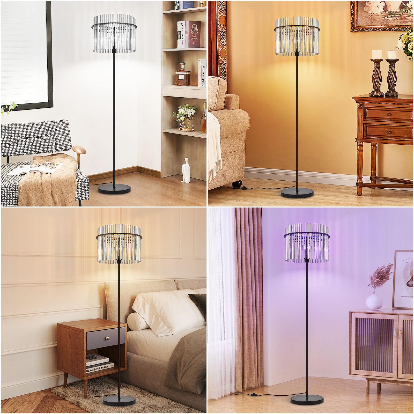 Nowoczesna lampa podłogowa z kryształowym kloszem w różnych aranżacjach salonu.