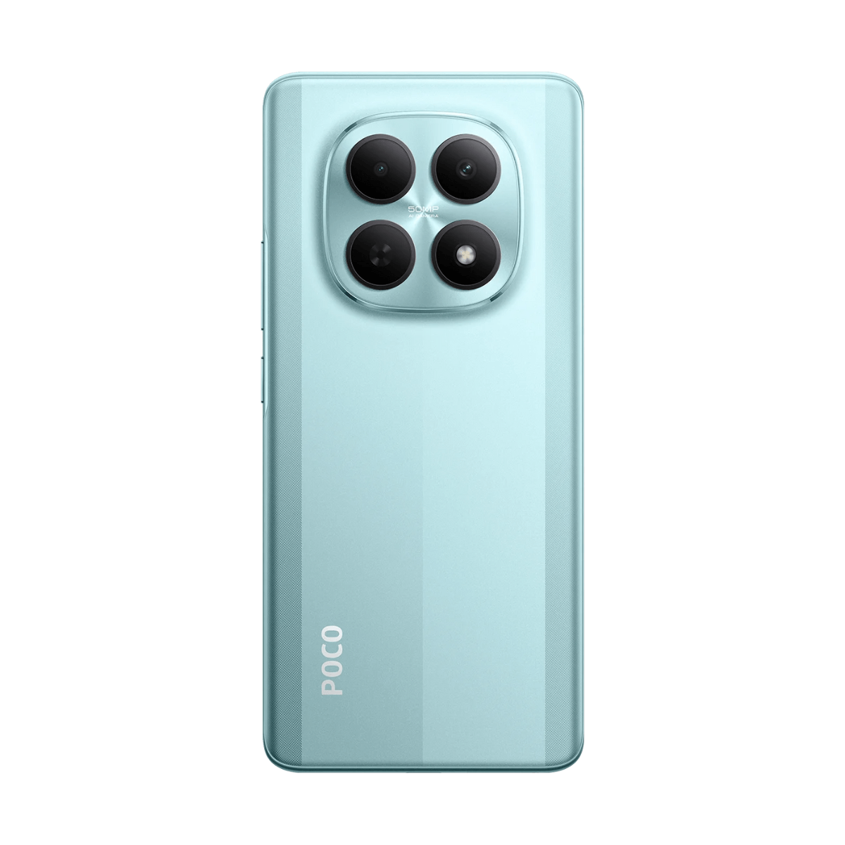 Jasnoniebieski smartfon z poczwórnym aparatem i logo POCO.