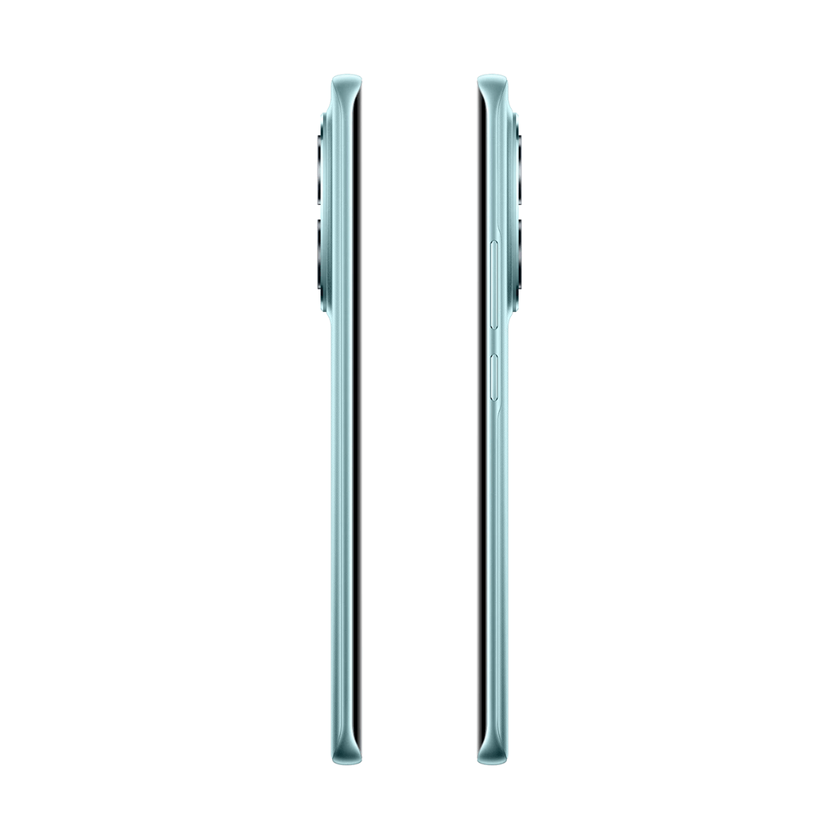 Dwa jasnoniebieskie smartfony obok siebie na białym tle, widok z boku.