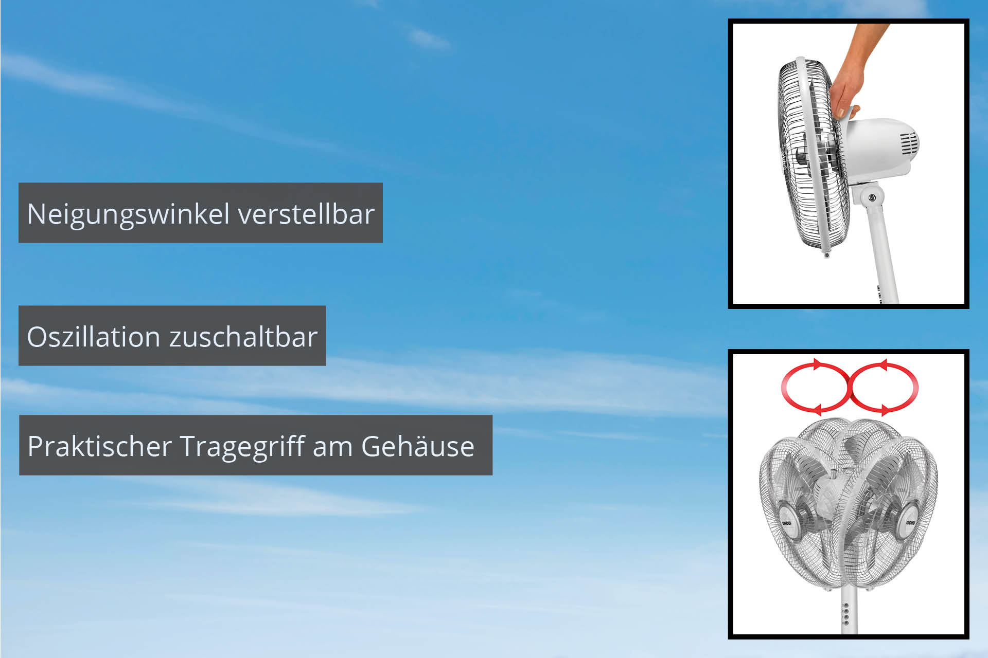 Neigbarer Ventilator mit Oszillation und Tragegriff.