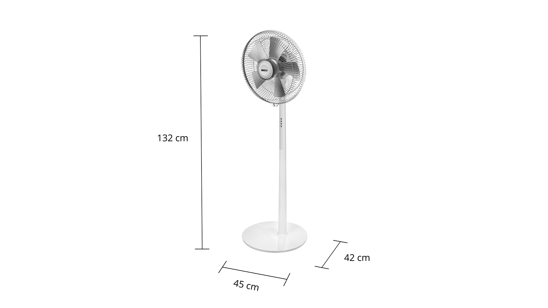 Ein weißer Standventilator mit silbernem Gitter und silbernen Blättern.