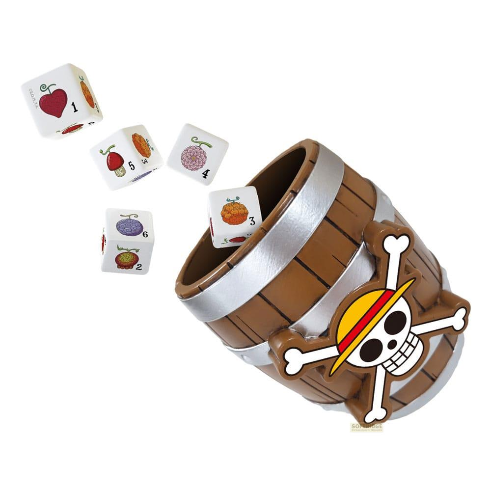 Baril en bois marron avec emblème Jolly Roger, entouré de dés avec fruits et numéros.