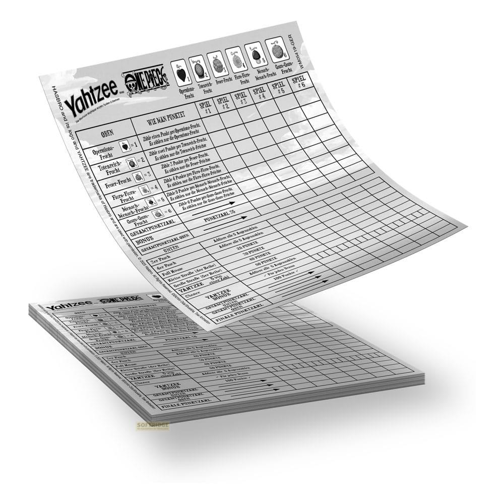 Bloc de score Yahtzee One Piece avec différentes colonnes et règles du jeu.