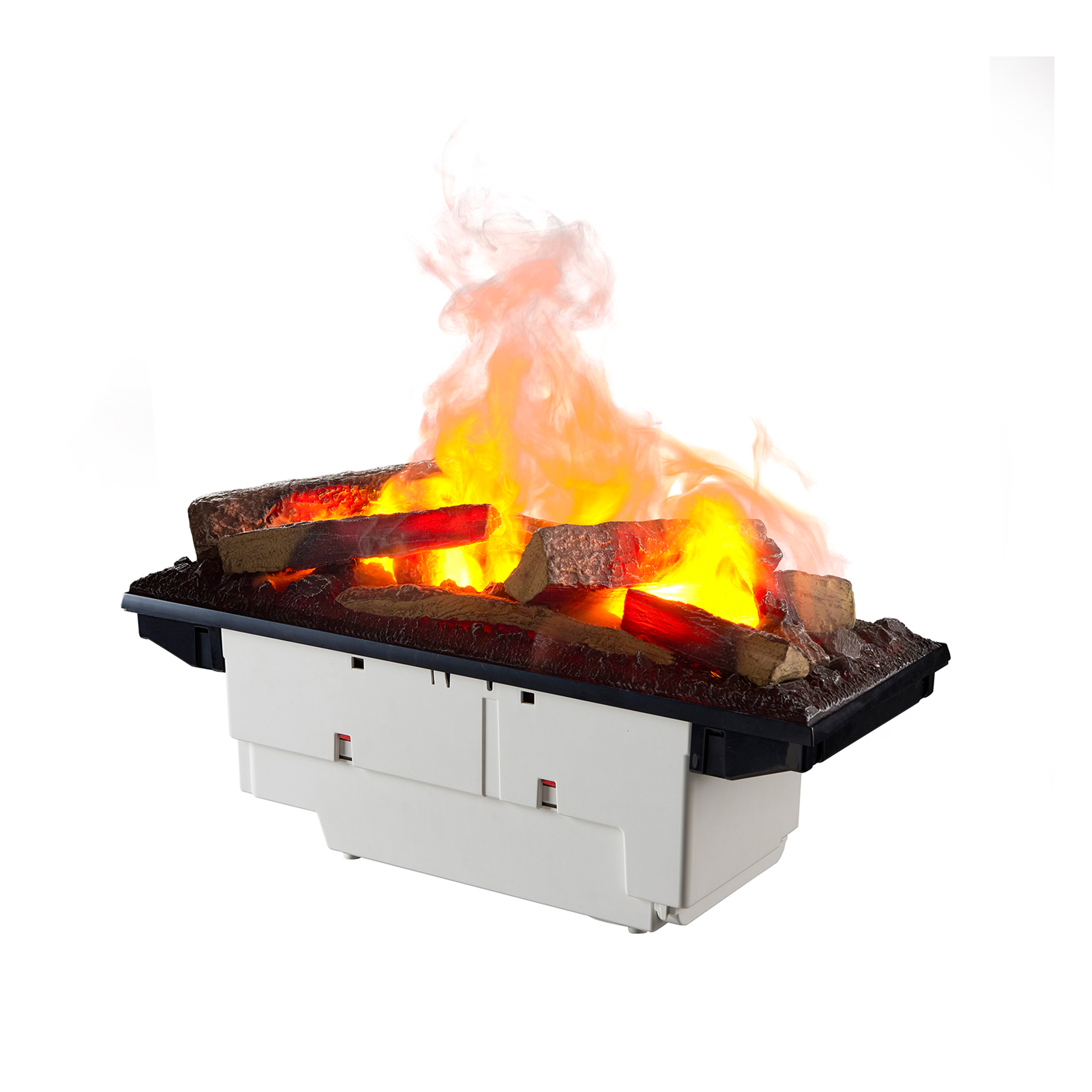 Ein elektrischer Kamin mit glühenden Holzscheiten und Rauch.