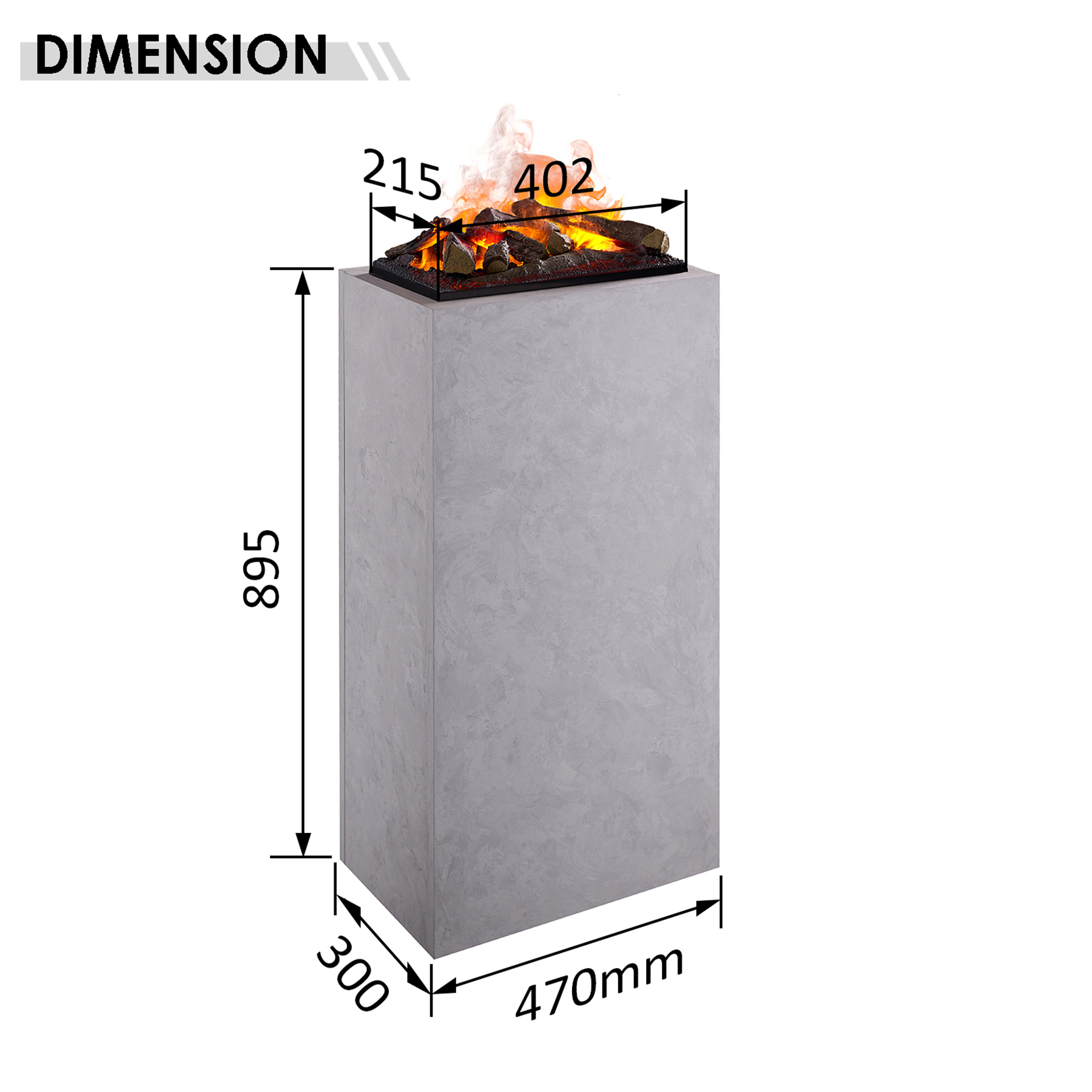 Grauer Sockel mit künstlichem Feuer. Maße: 895x470x300mm.