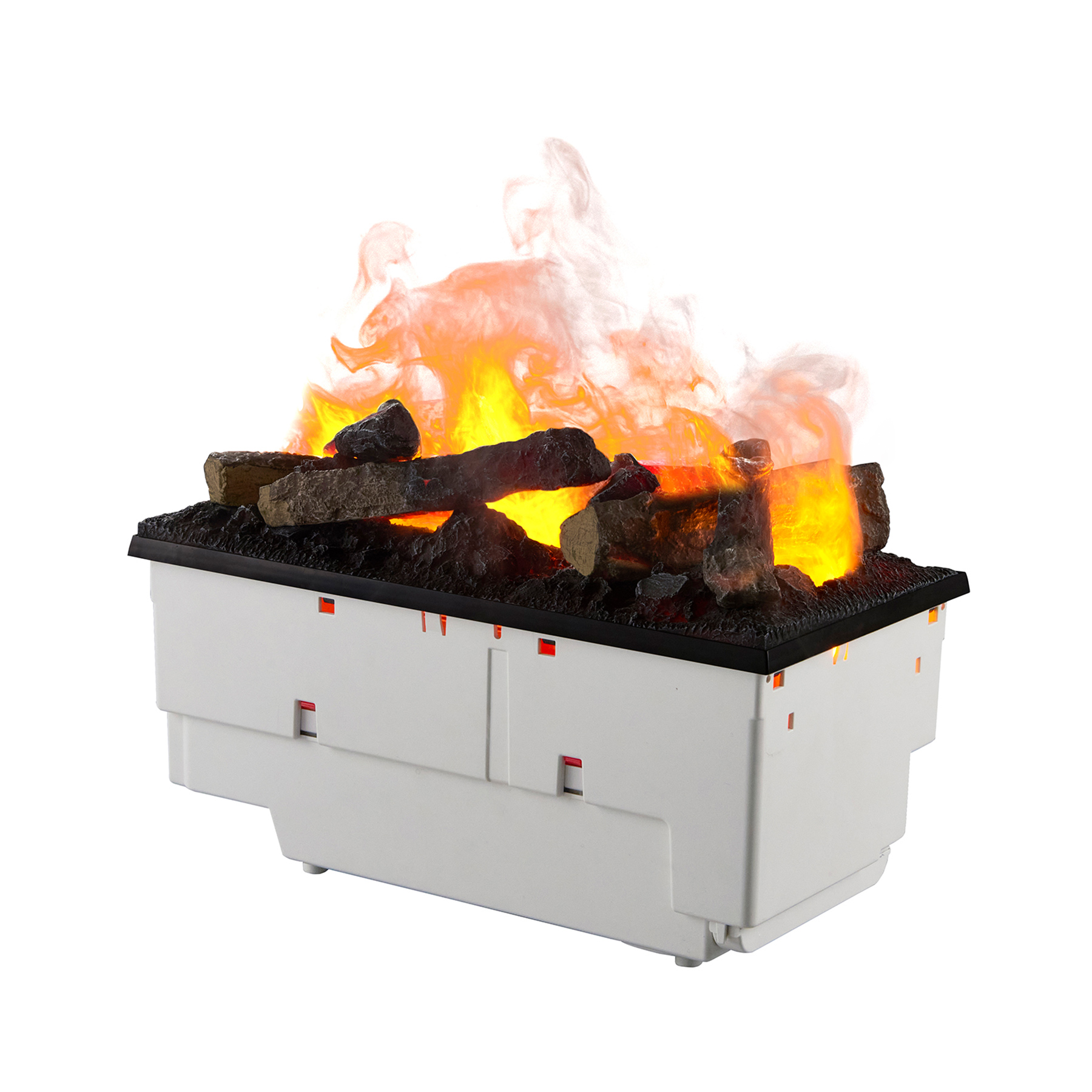 Ein weißer Kamin mit realistischen Flammen, Rauch und Holzscheiten.