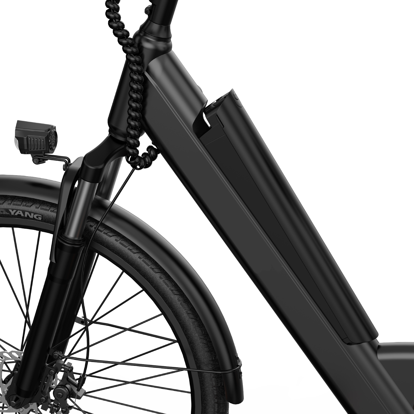 Zbliżenie czarnego roweru elektrycznego z przednim światłem i baterią.