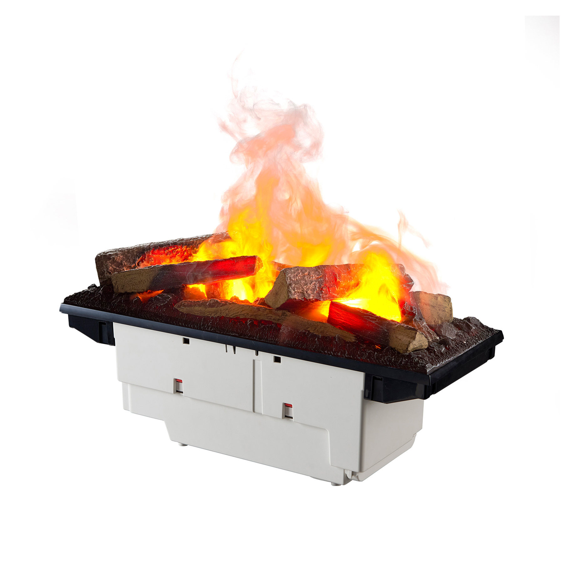 Ein elektrischer Kamin mit glühenden Holzscheiten und Flammen.
