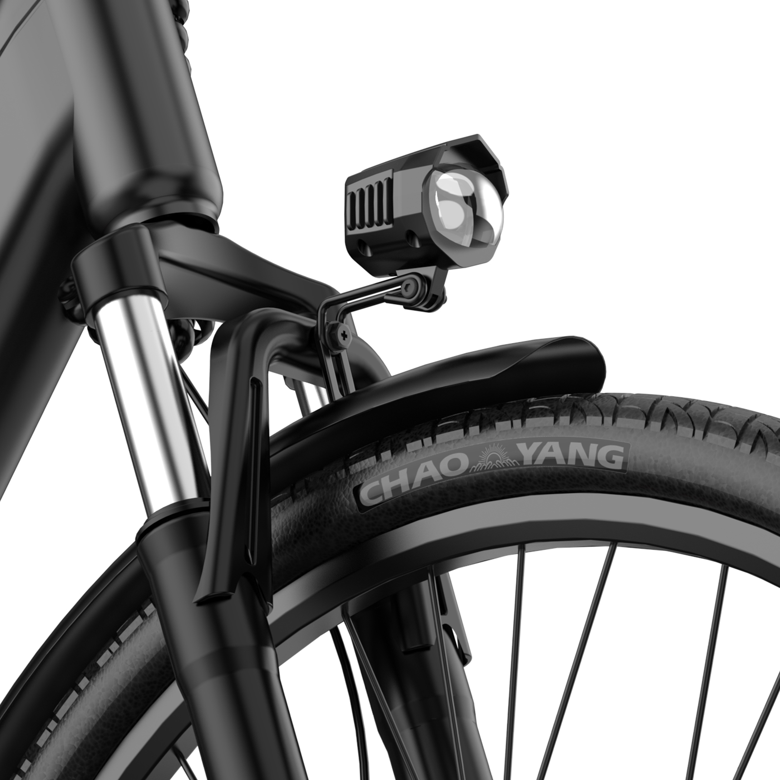 Przednia opona i światło czarnego roweru na białym tle.