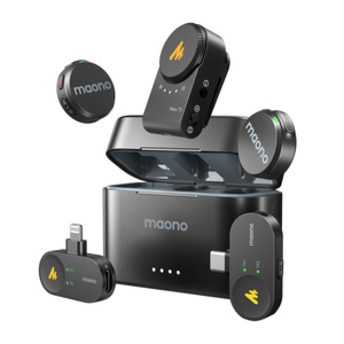 Sistema microfonico wireless Maono con custodia di ricarica e accessori.
