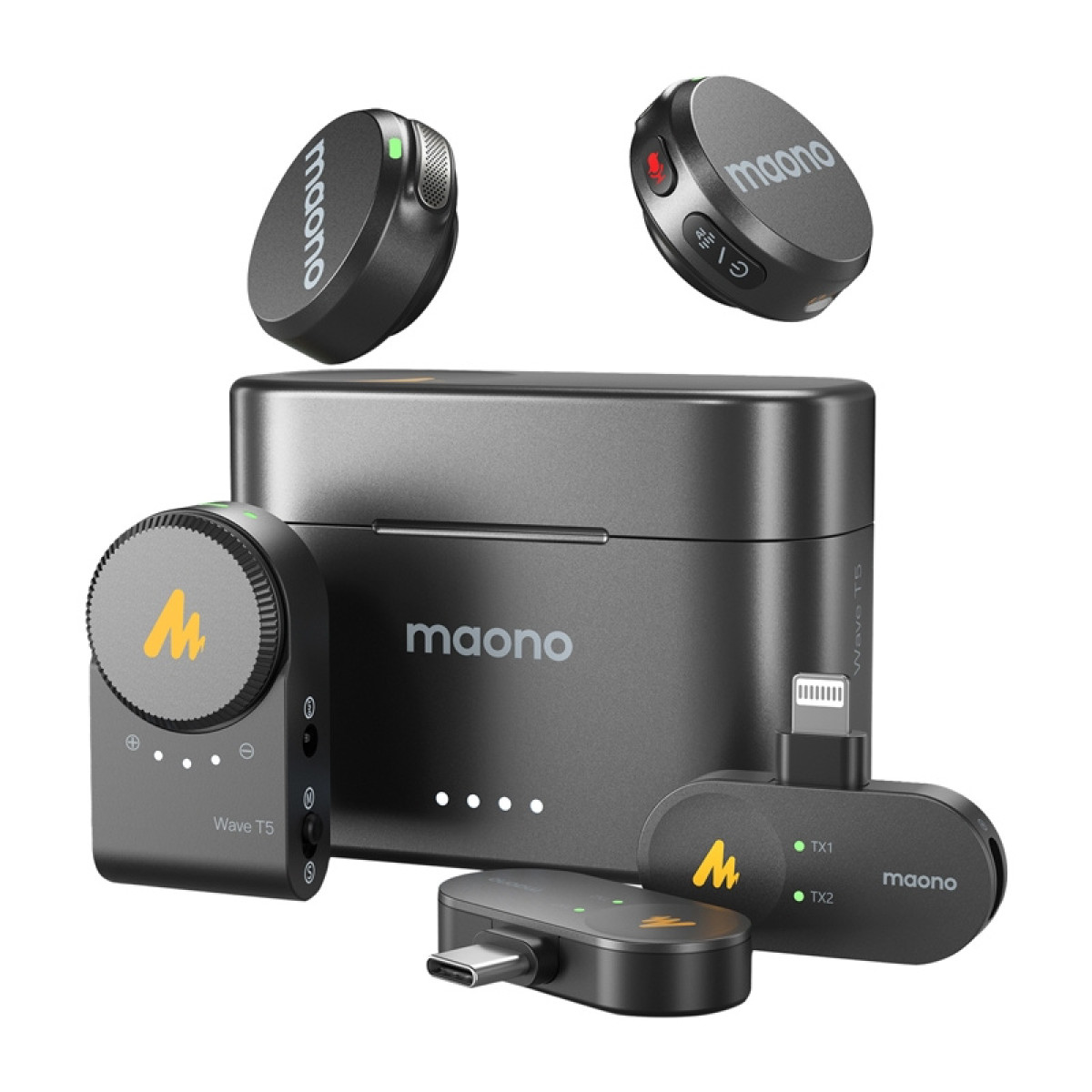 Microfoni Maono Wave T5 con custodia di ricarica, connettori USB-C e Lightning.