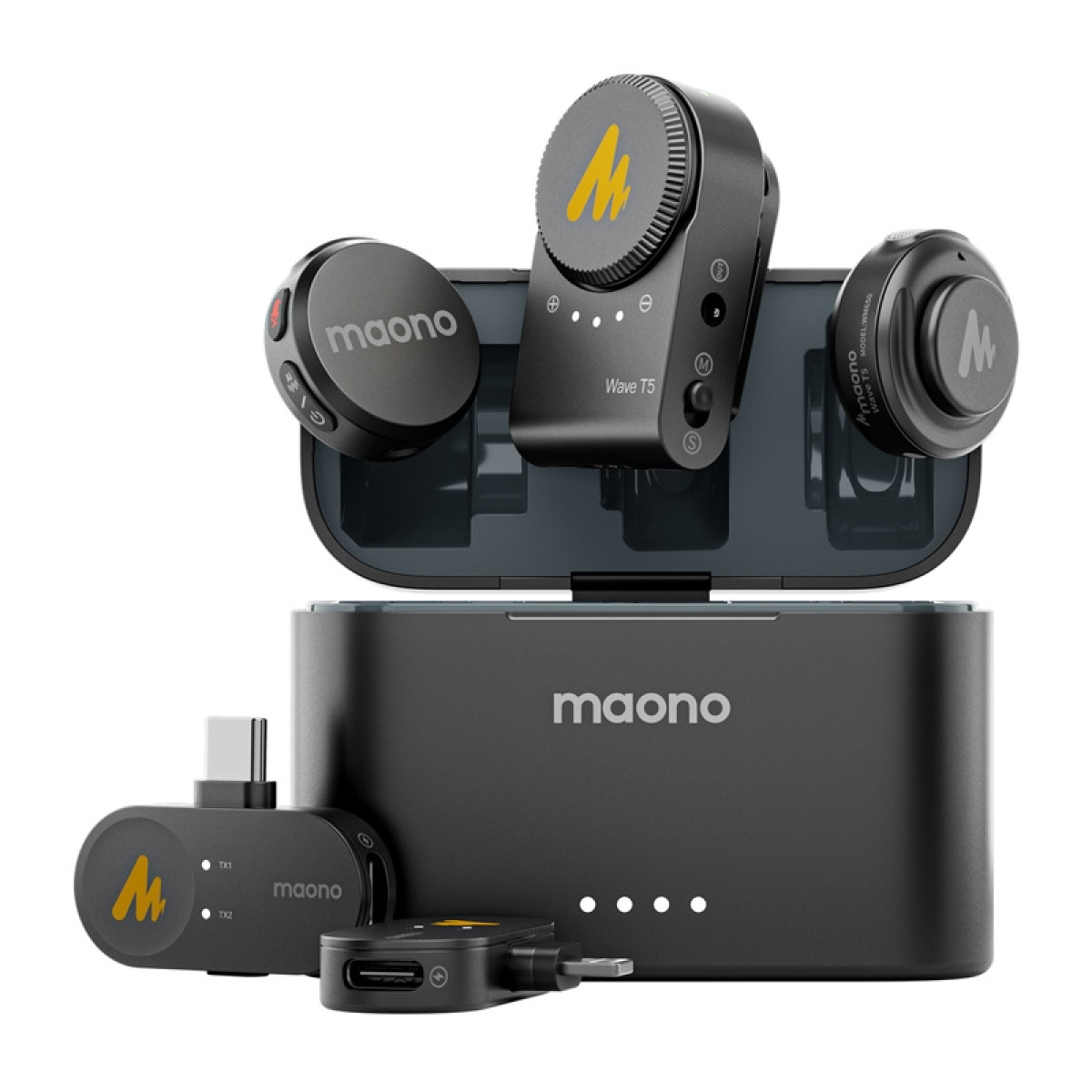 Un sistema microfonico Maono Wave T5 con custodia di ricarica e accessori.