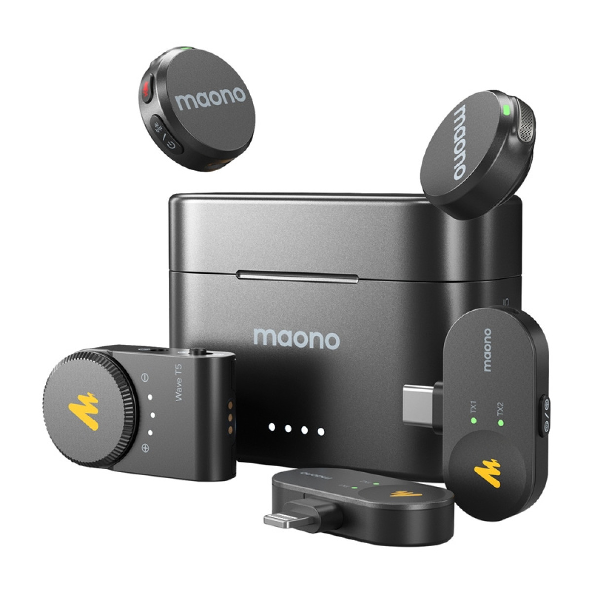 Set audio Maono con custodia di ricarica, microfoni e adattatori.