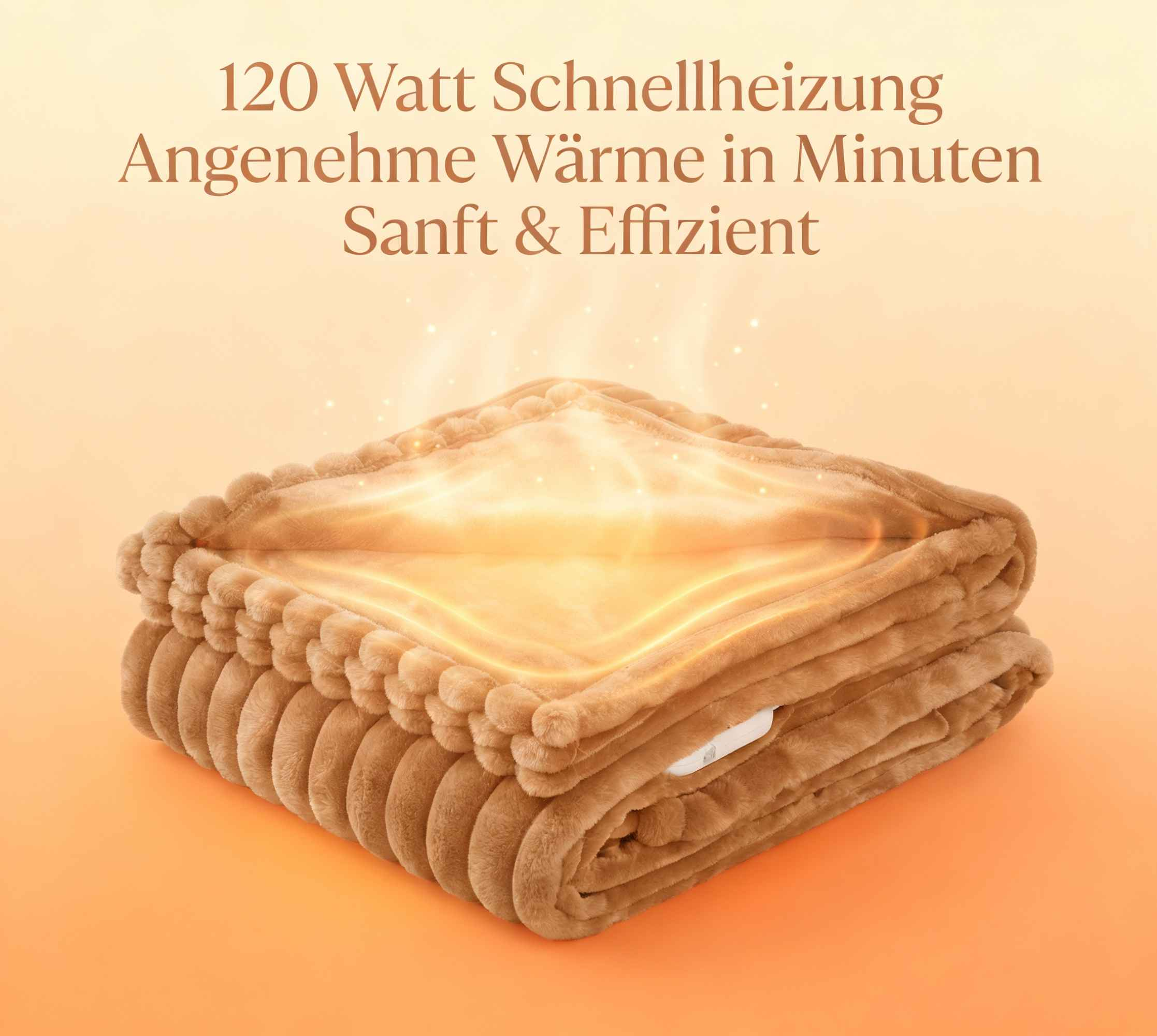 Braune Kuscheldecke mit 120 Watt Schnellheizung, sanft und effizient.