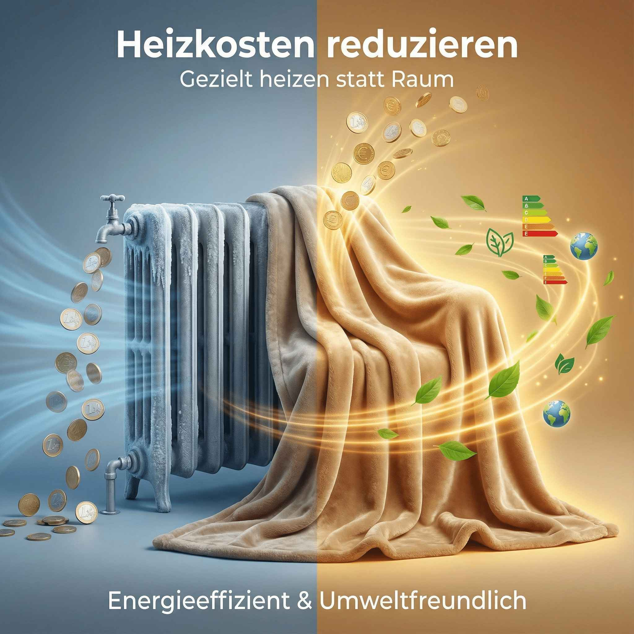 Ein gefrorener Heizkörper links, ein warmer Stoff rechts mit Münzen.