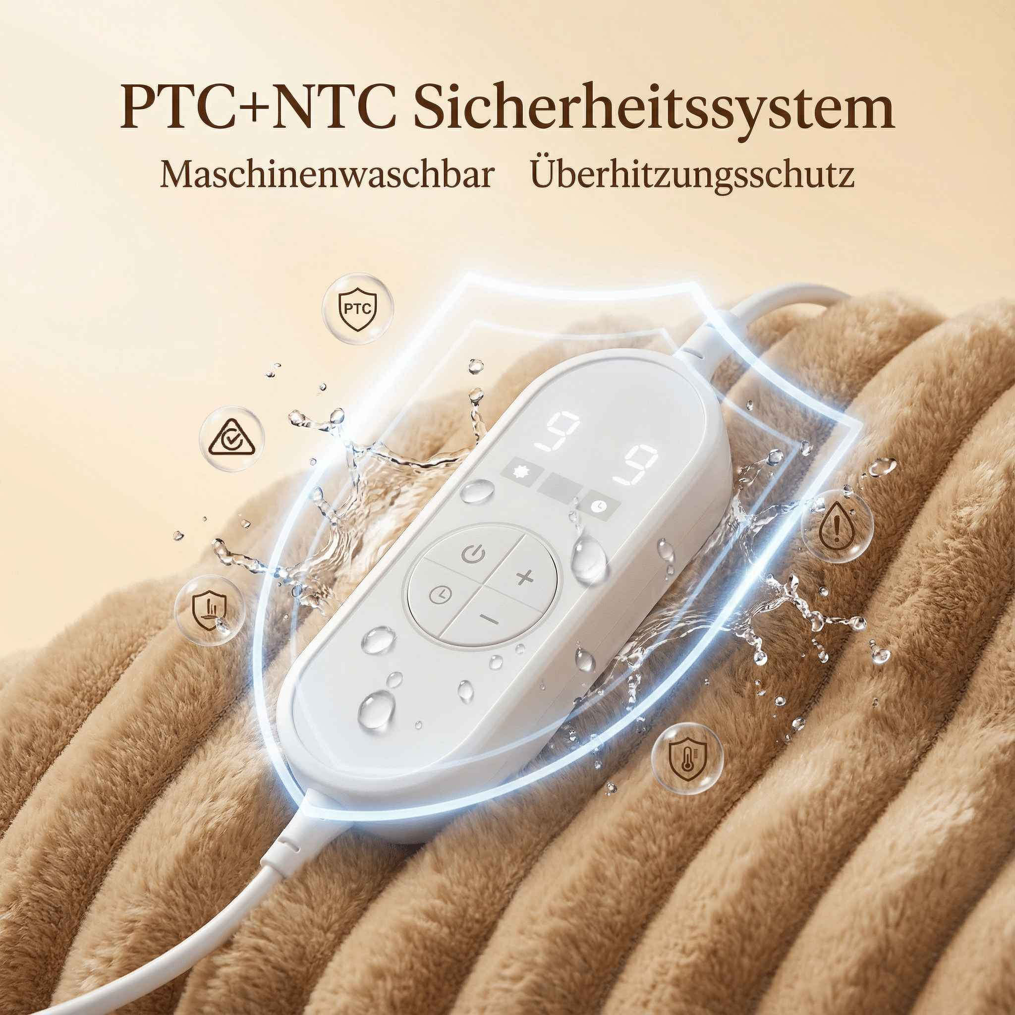 Heizdecke mit PTC+NTC Sicherheitssystem, maschinenwaschbar, Überhitzungsschutz.